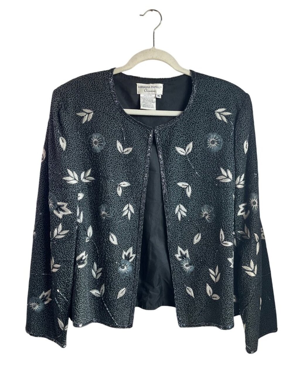 VTG Adrianna Papell XL Formal Jacket Beaded Embroidered Black Floral Silk - Picture 2 of 12